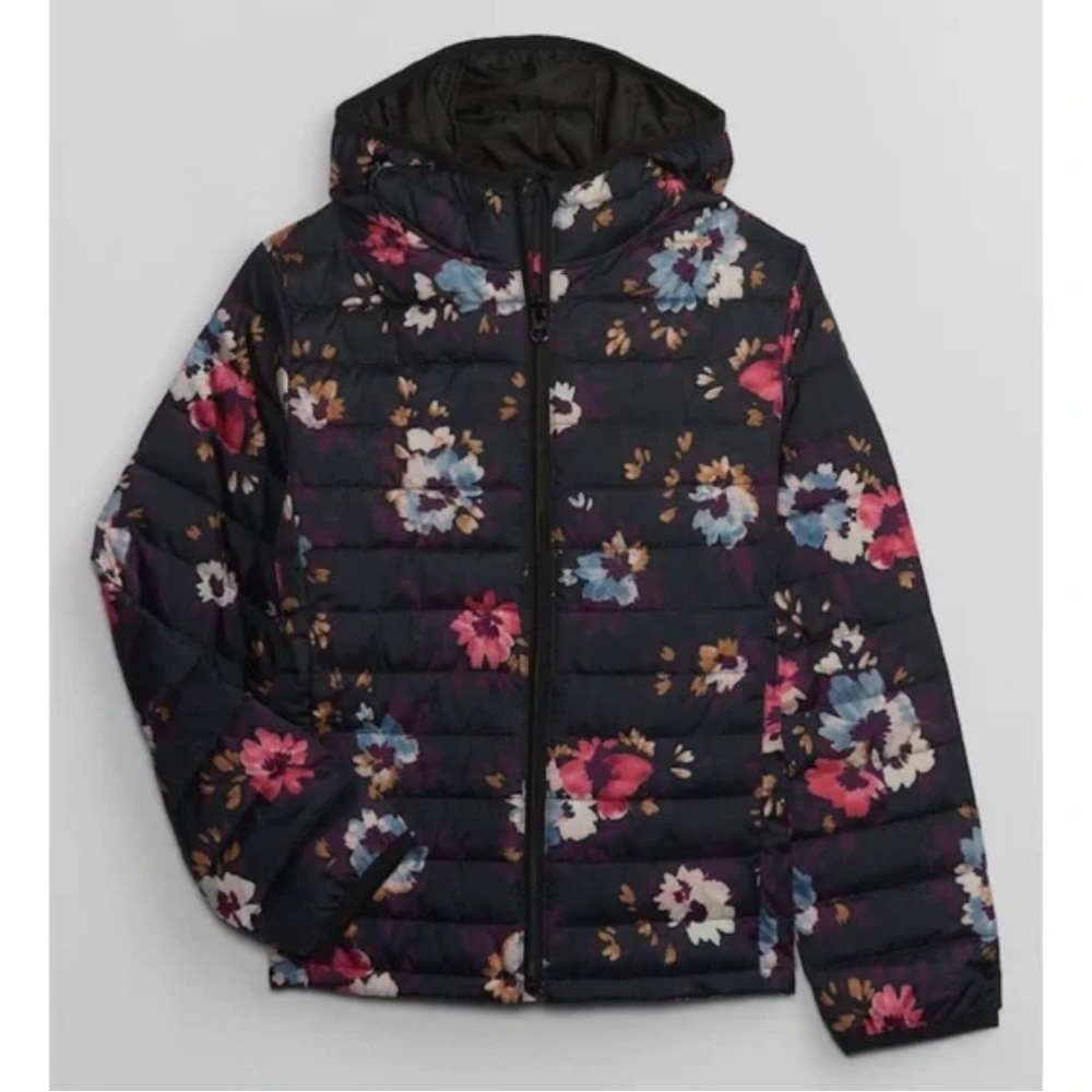 GAP Girls' Black Floral Puffer Jacket